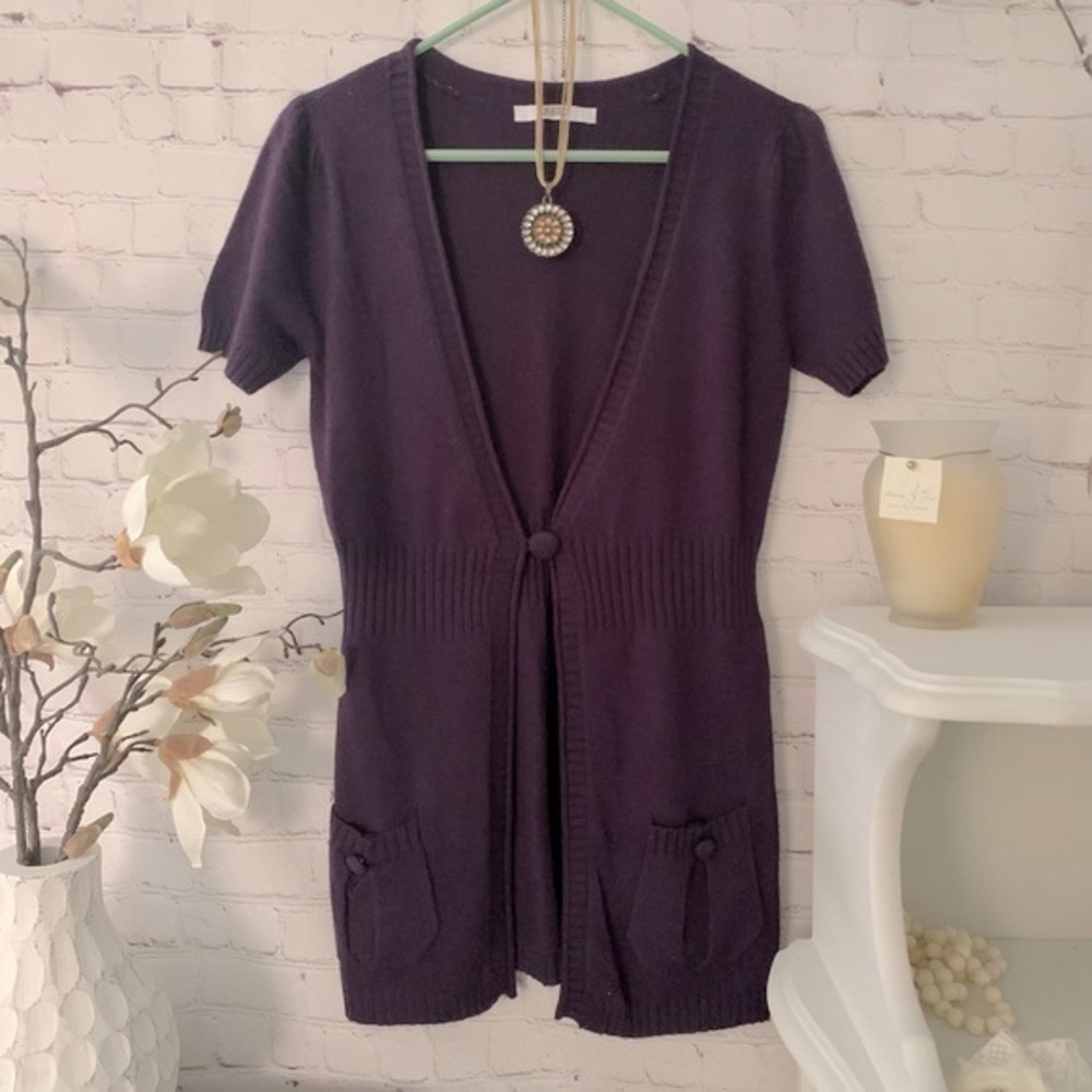 Angora purple Cardigan Sweater wool blend patch pockets plum small